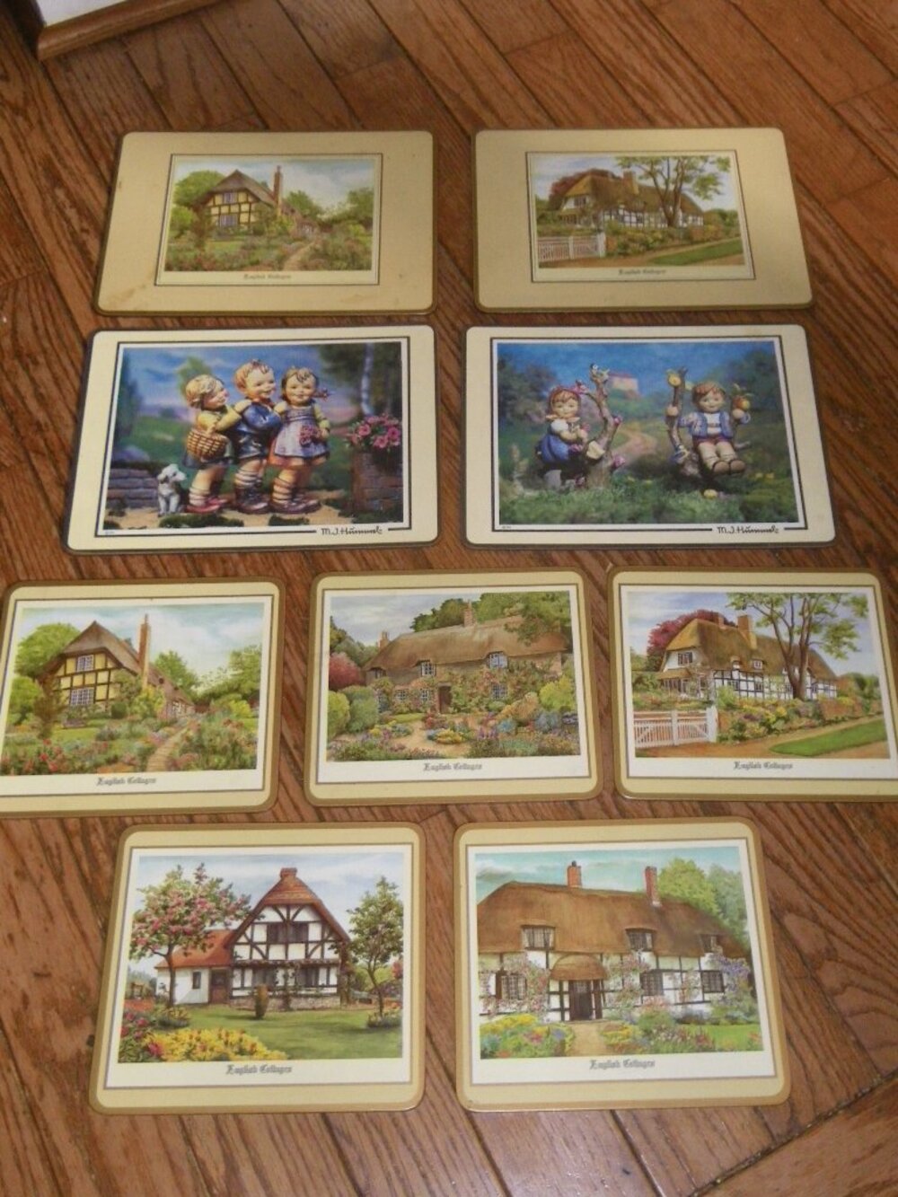 9 Vintage Pimpernel English Cottages & M.J. Hummel Large Cork Backed Coasters